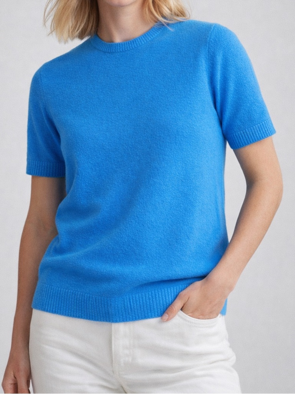 ZARA 100% Wool Light Blue Knit Short Sleeve Top Basic Spring Colour
